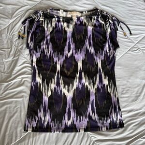 MICHAEL Michael Kors Black Purple Patterned Blouse Tank Cinched Shoulder Tassel